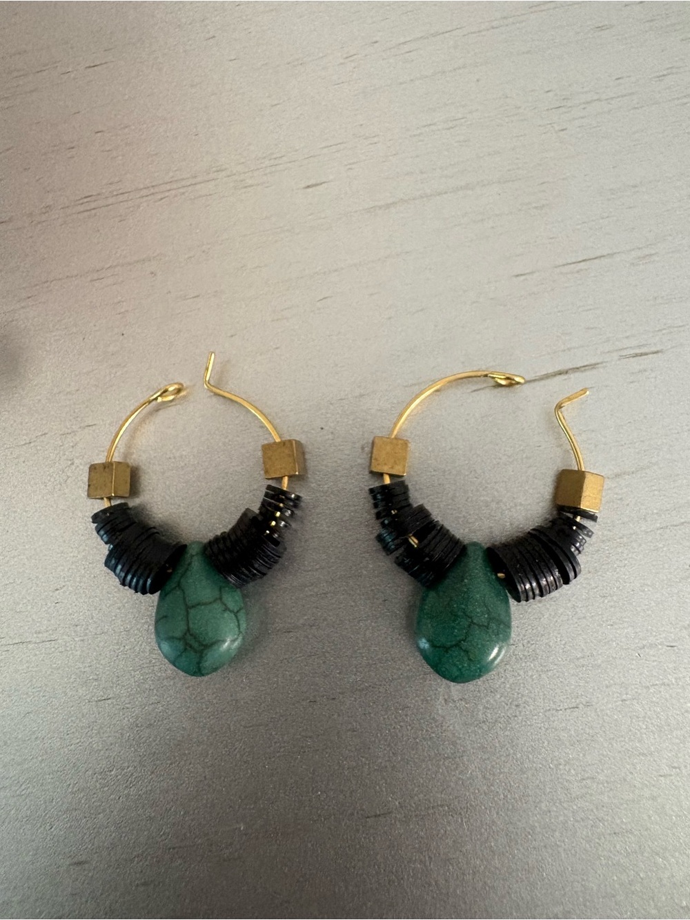 Earrings- 18k Gold-plated Brass, Black, and Green Teardrop Hoops